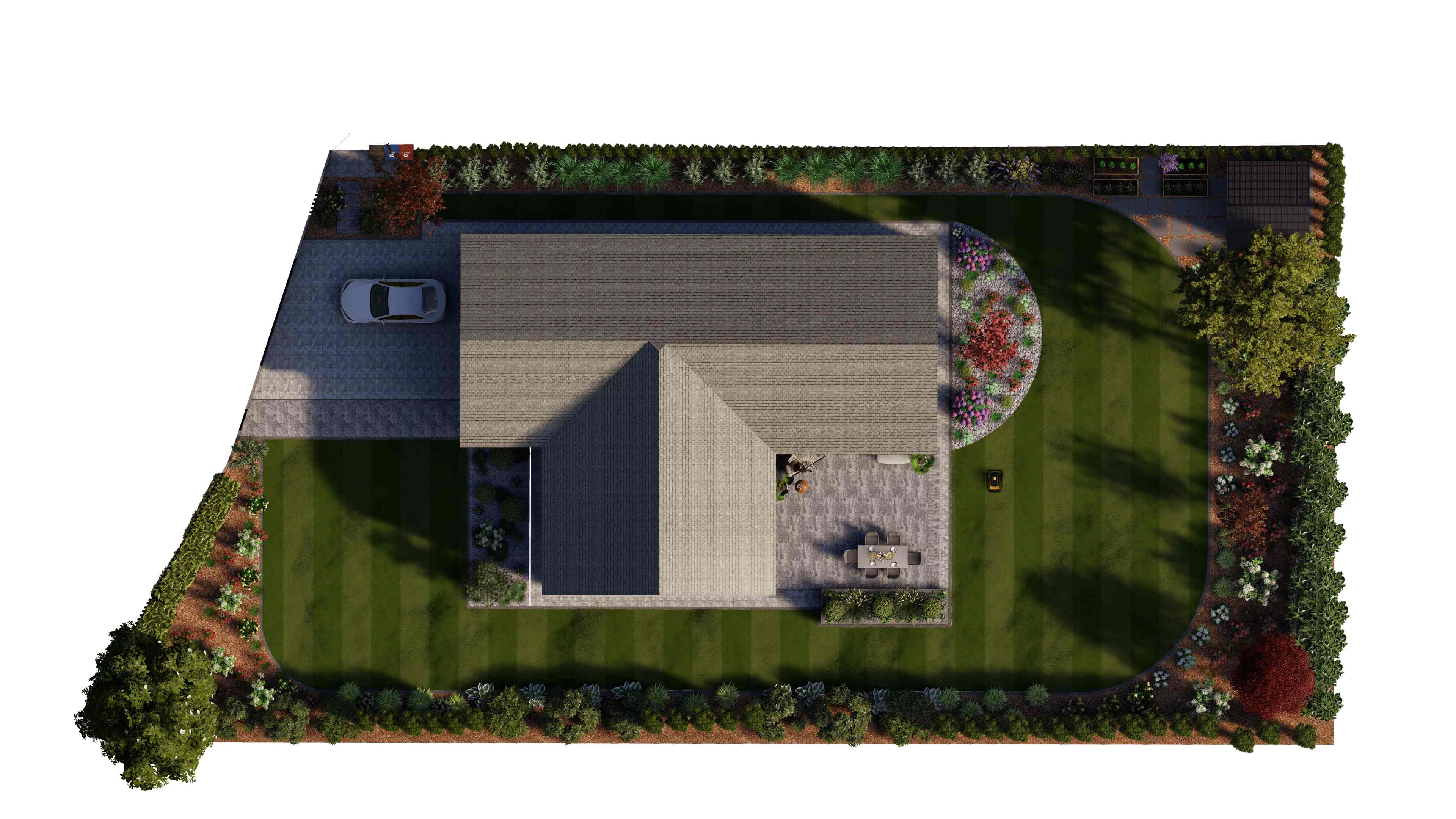 Techniczny rzut 2D projektu ogrodu z planem nasadzeń i wykazem gatunków roślin — projekt ogrodu 2D Kalisz