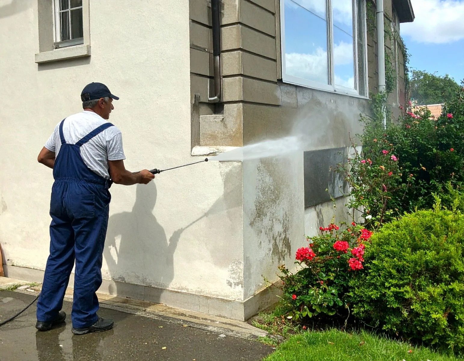 Usuwanie zabrudzeń i glonów z cokołu domu jednorodzinnego myjką ciśnieniową