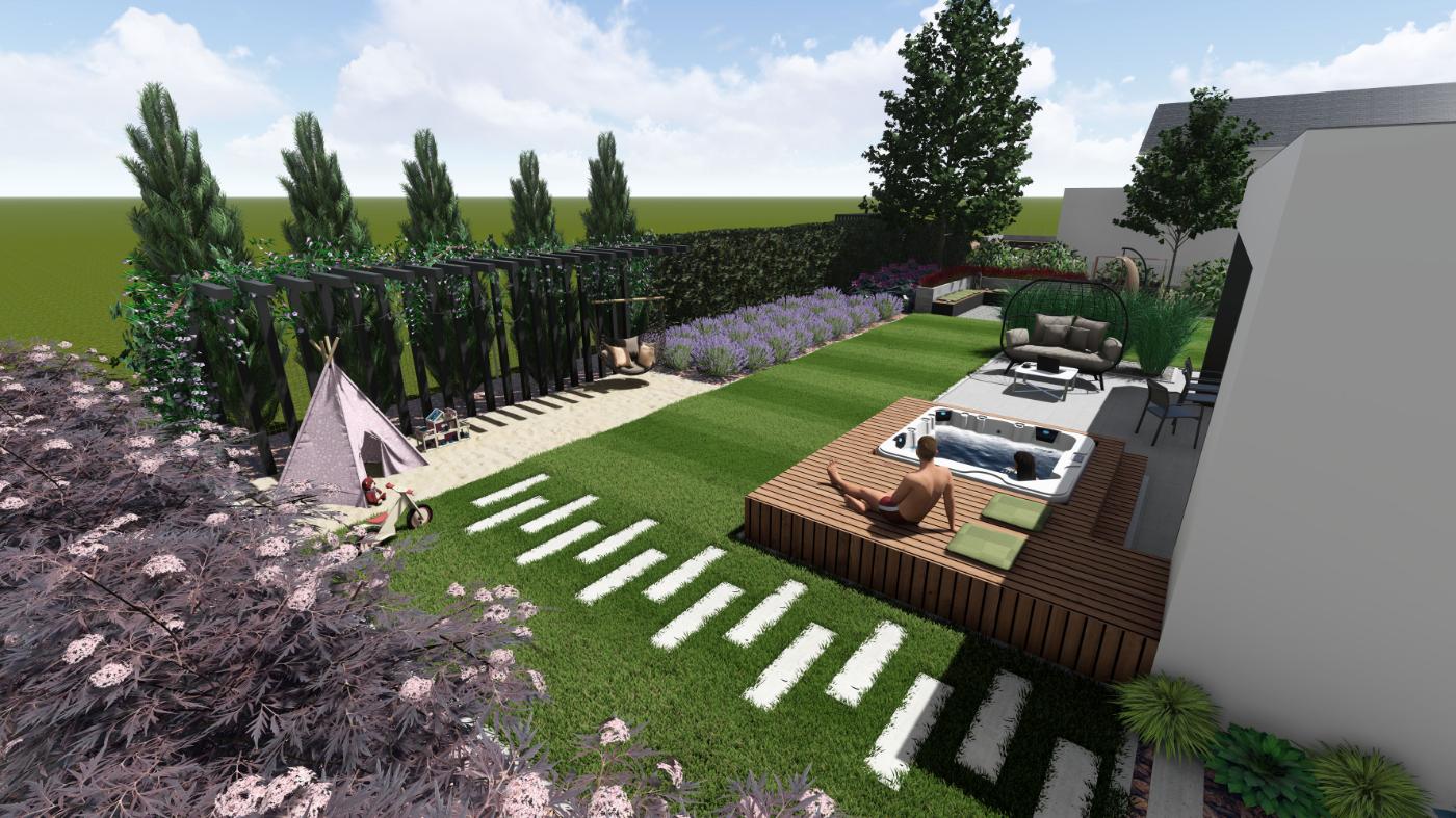 Wizualizacja 3D projektu ogrodu z jacuzzi i strefą zabaw