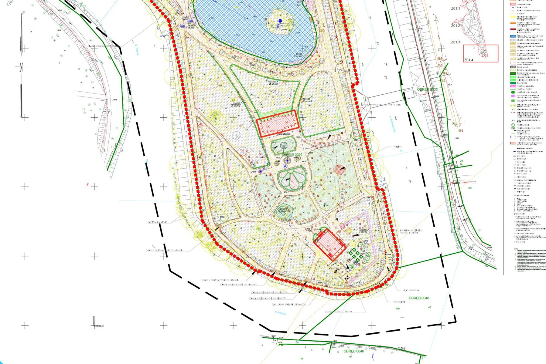Projekt zagospodarowania parku miejskiego — rysunek techniczny planu rewaloryzacji z układem ścieżek i nasadzeń