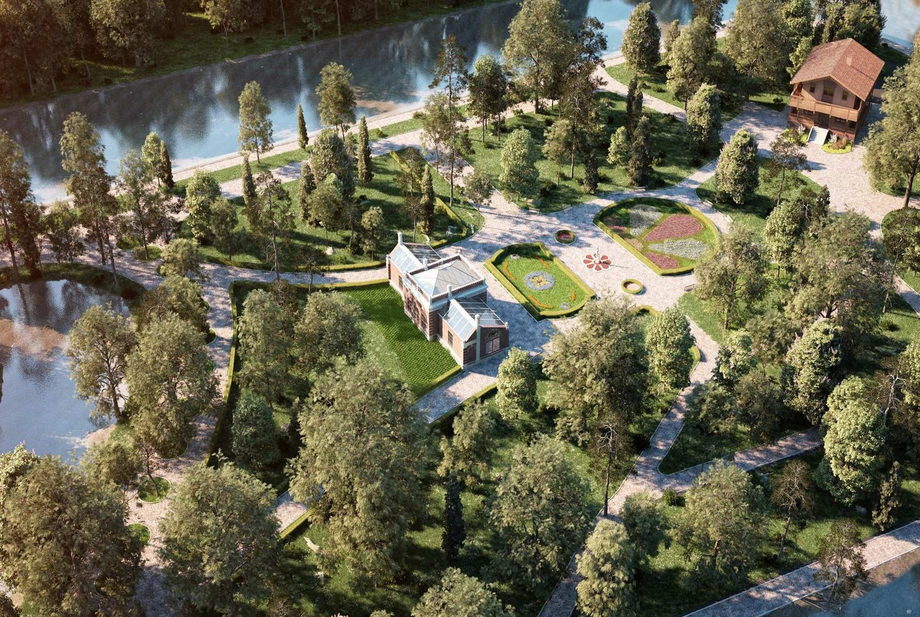 Wizualizacja koncepcji zagospodarowania parku miejskiego nad rzeką z oranżerią i ogrodem parterowym — koncepcje przestrzeni publicznych Kalisz