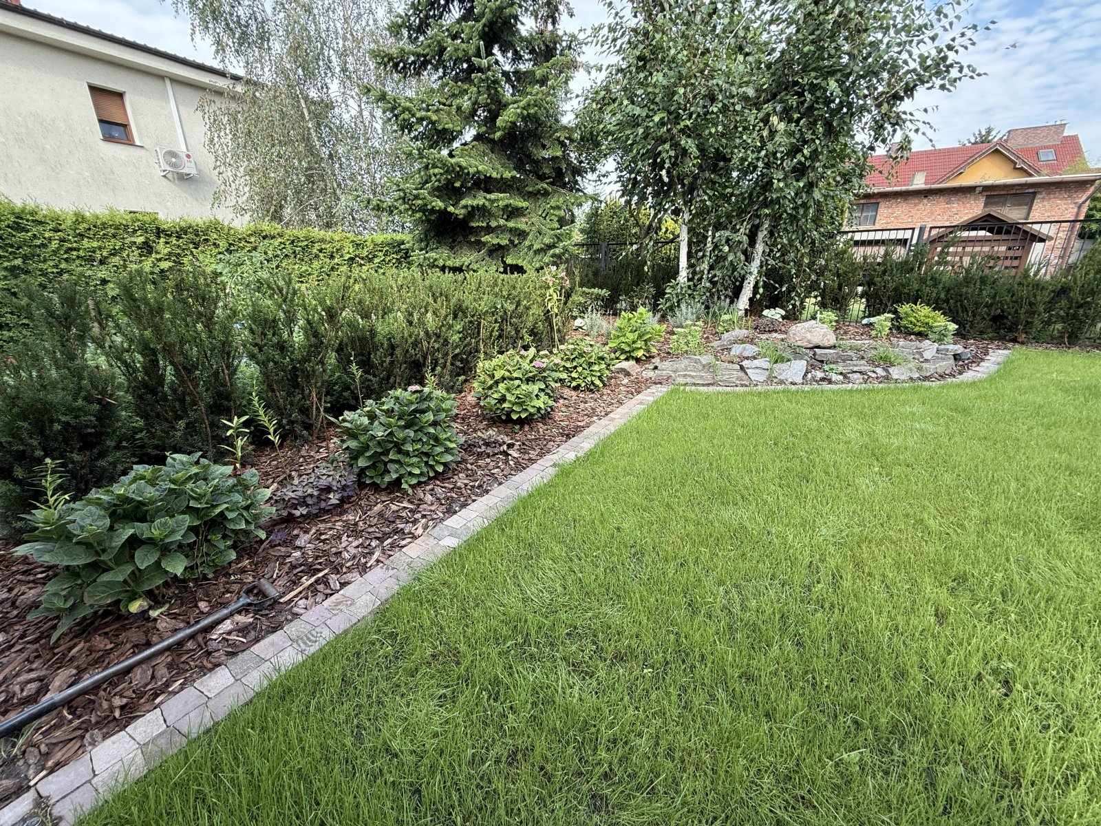 Gęsty, równo skoszony trawnik przy rabacie ze ściółką z kory — efekt regularnego koszenia trawy Kalisz