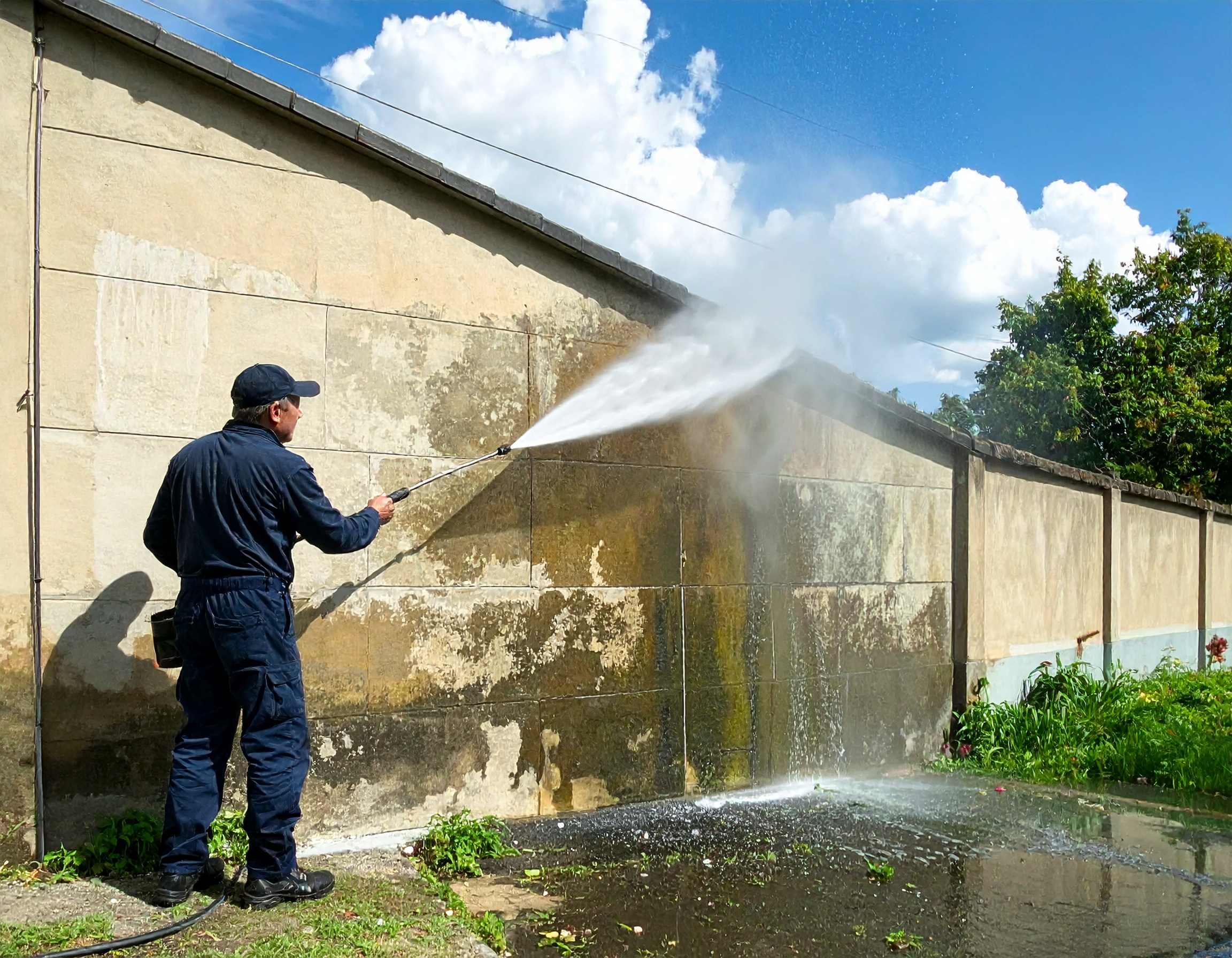 Mycie ciśnieniowe muru pokrytego glonami i zaciekami — usuwanie zielonego nalotu