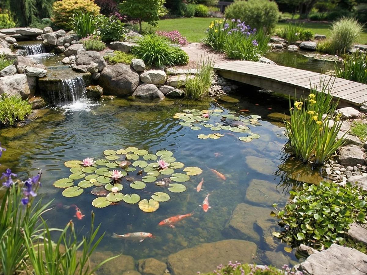 Oczko wodne w ogrodzie z kaskadą, liliami wodnymi i karpiami koi — budowa oczek wodnych GardenProducts