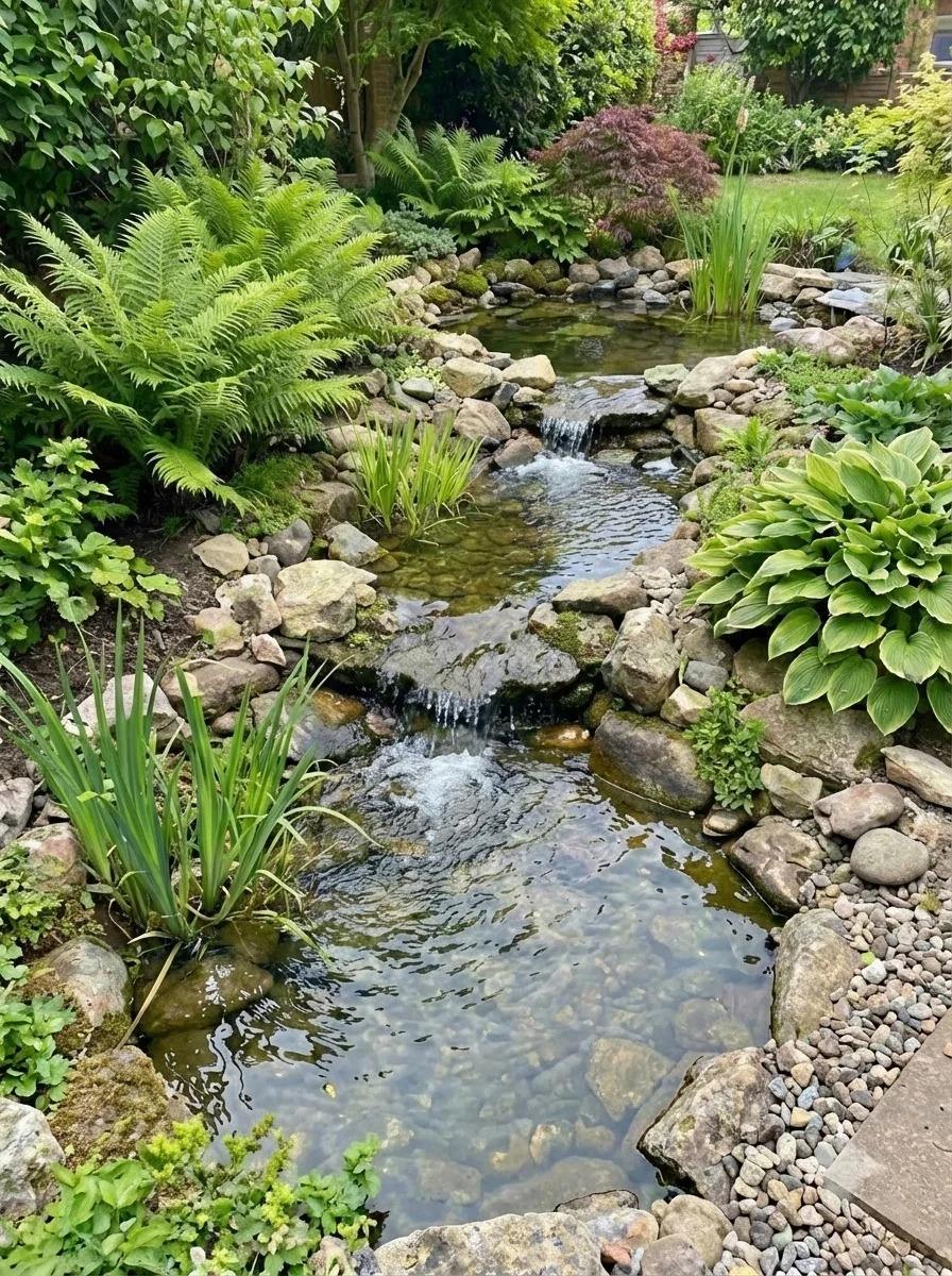 Strumień ogrodowy z kaskadami wśród paproci i funkii — budowa strumieni GardenProducts