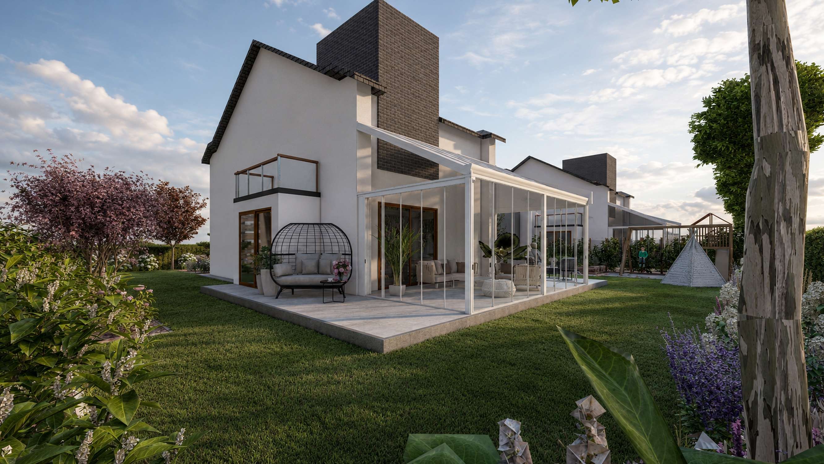 Wizualizacja 3D projektu ogrodu przy domu jednorodzinnym z przeszklonym tarasem — projektowanie ogrodów Kalisz