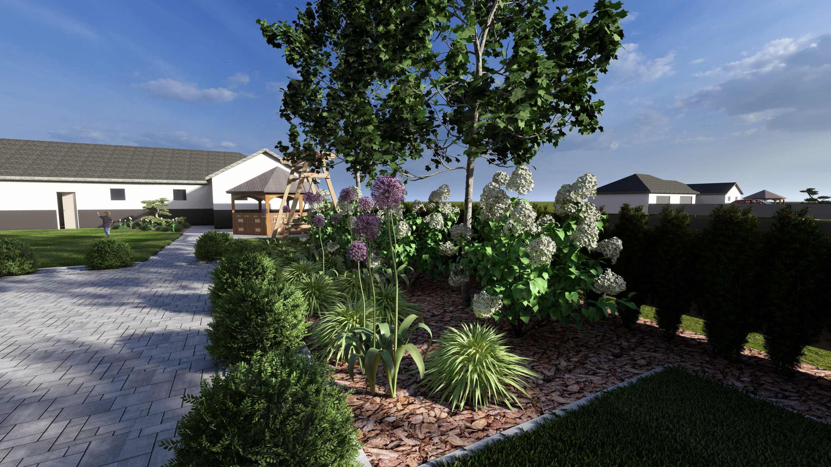 Render rabaty z hortensjami bukietowymi i czosnkami ozdobnymi przy altanie — wizualizacja nasadzeń 3D