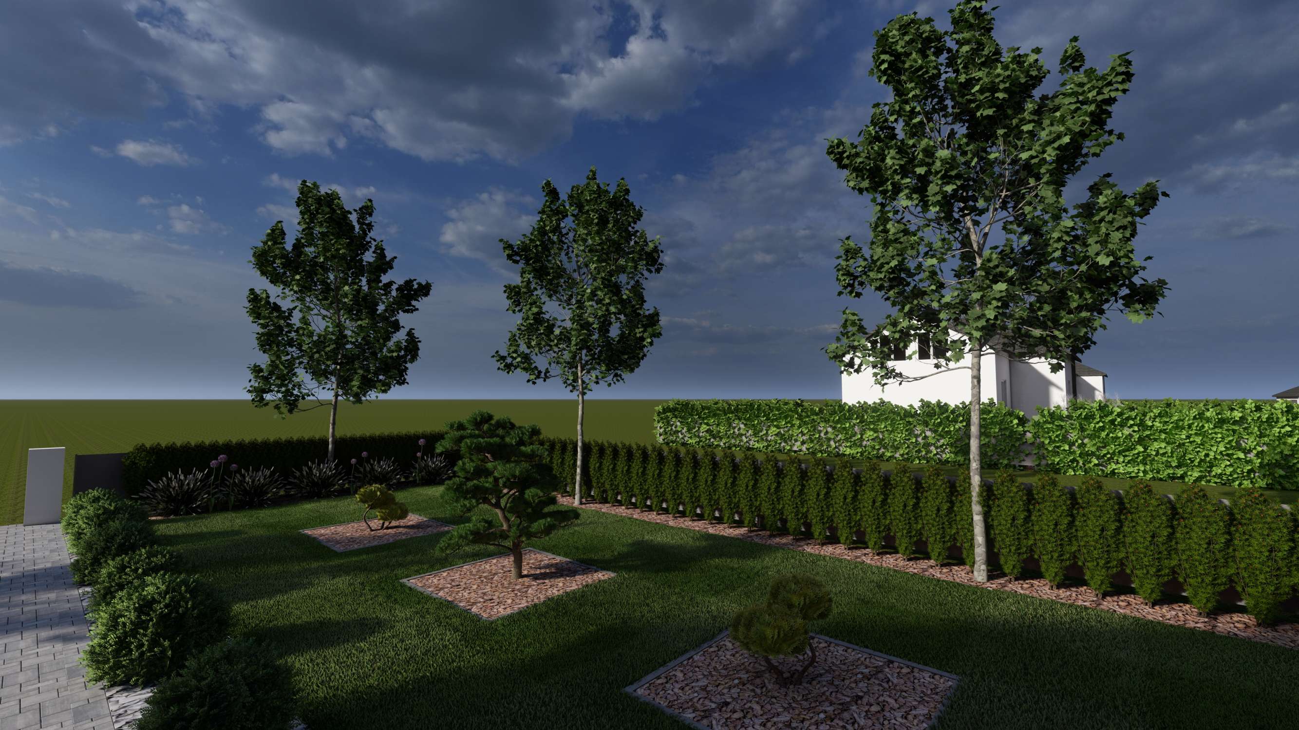 Wieczorna wizualizacja 3D ogrodu formalnego z drzewami bonsai i szpalerem żywopłotu