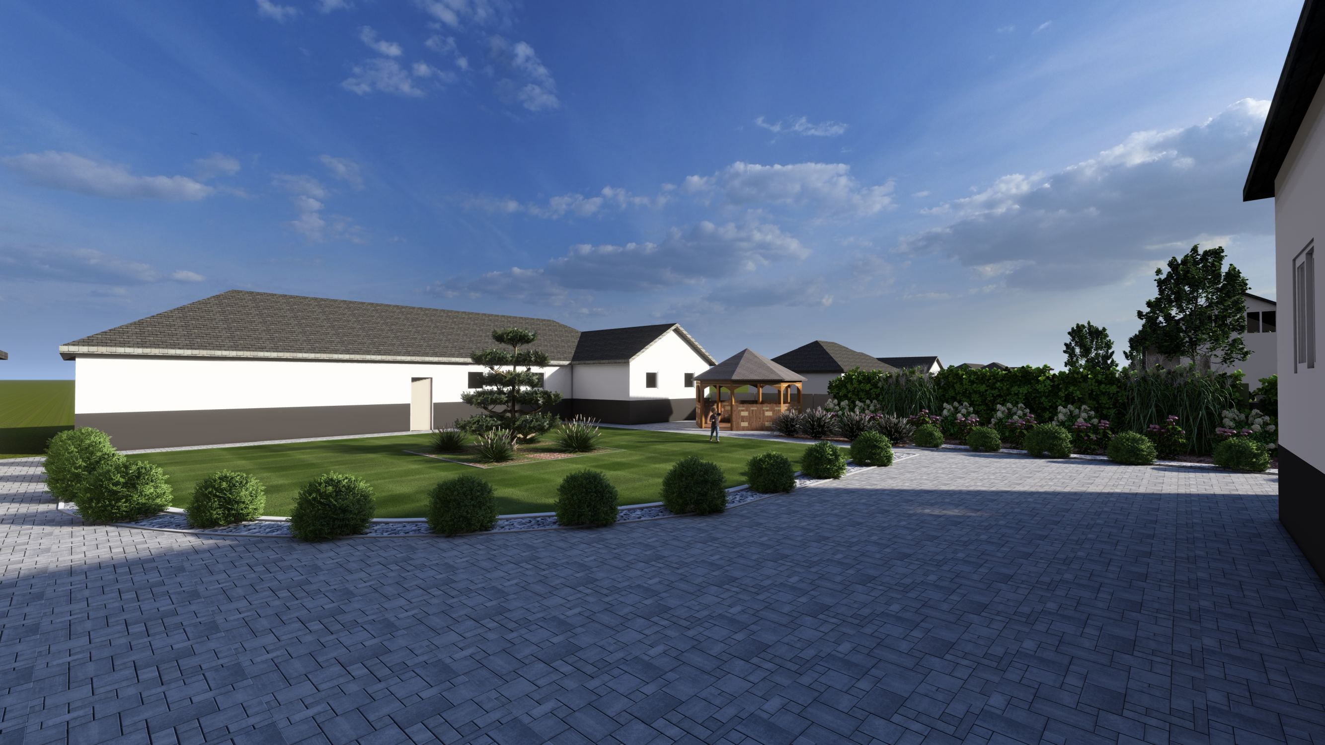 Wizualizacja 3D podwórza z wyspą trawnika, altaną i bukszpanami — projekt zieleni przy gospodarstwie