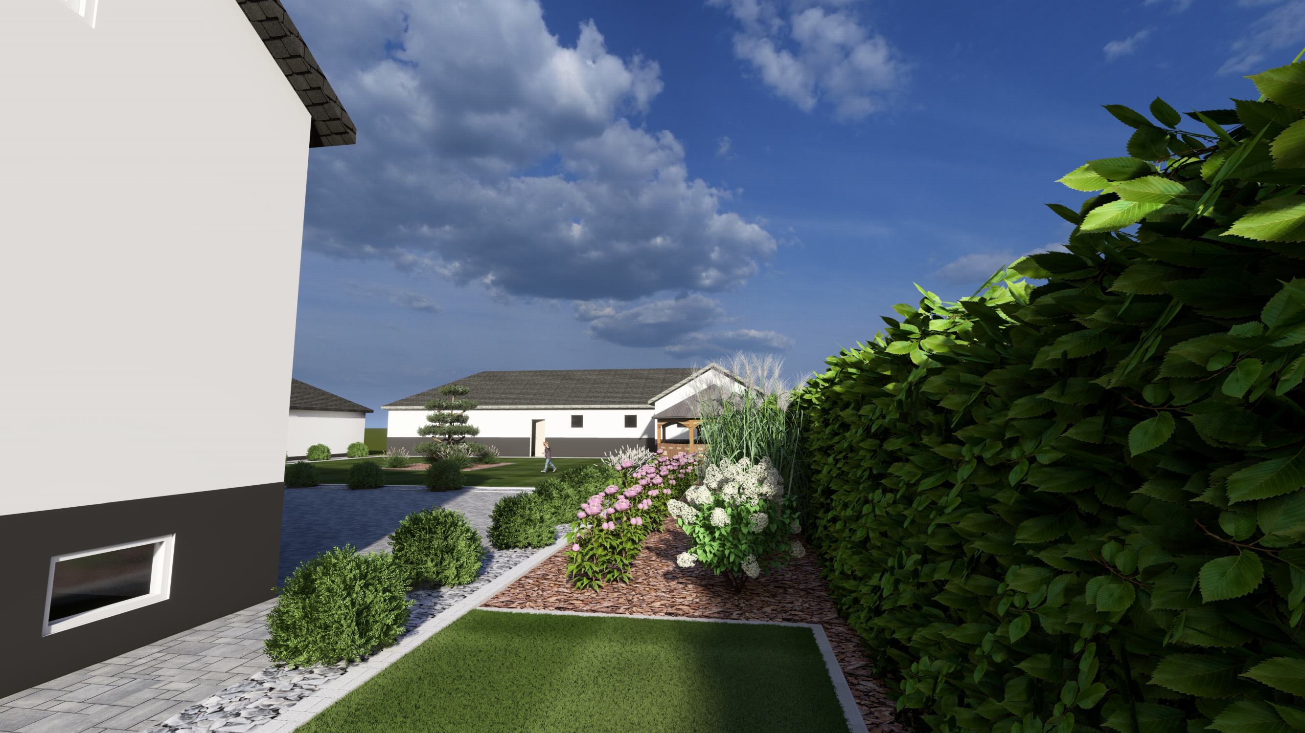 Wizualizacja 3D rabaty z piwoniami i hortensjami wzdłuż żywopłotu grabowego — projekt ogrodu przydomowego