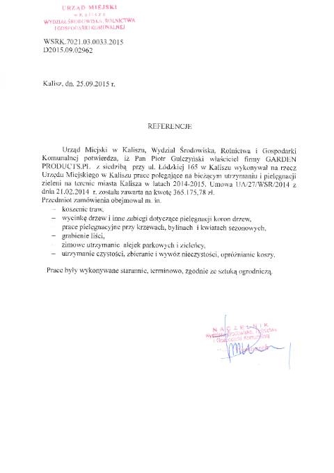 Referencje: Utrzymanie i pielęgnacja zieleni 2014–2015 — Park Miejski — UM Kalisza — WSRK