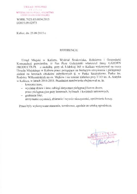 Referencje: Pielęgnacja zieleni parków zabytkowych: Szczypiorno, os. Majków — UM Kalisza — WSRK