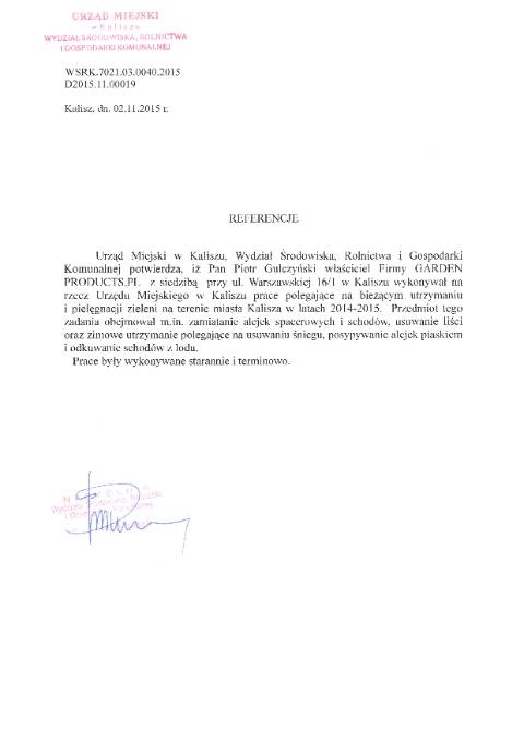 Referencje: Utrzymanie i pielęgnacja zieleni — Rejon I Park Miejski — UM Kalisza — WSRK