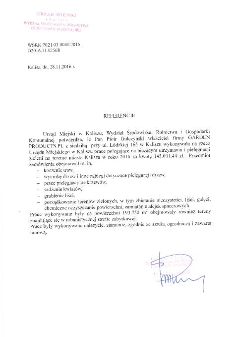 Referencje: Bieżące utrzymanie i pielęgnacja zieleni w roku 2016 — UM Kalisza — WSRK