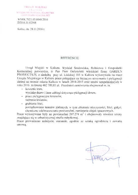 Referencje: Utrzymanie i pielęgnacja zieleni 2014–2015 oraz umowy 2016 — UM Kalisza — WSRK