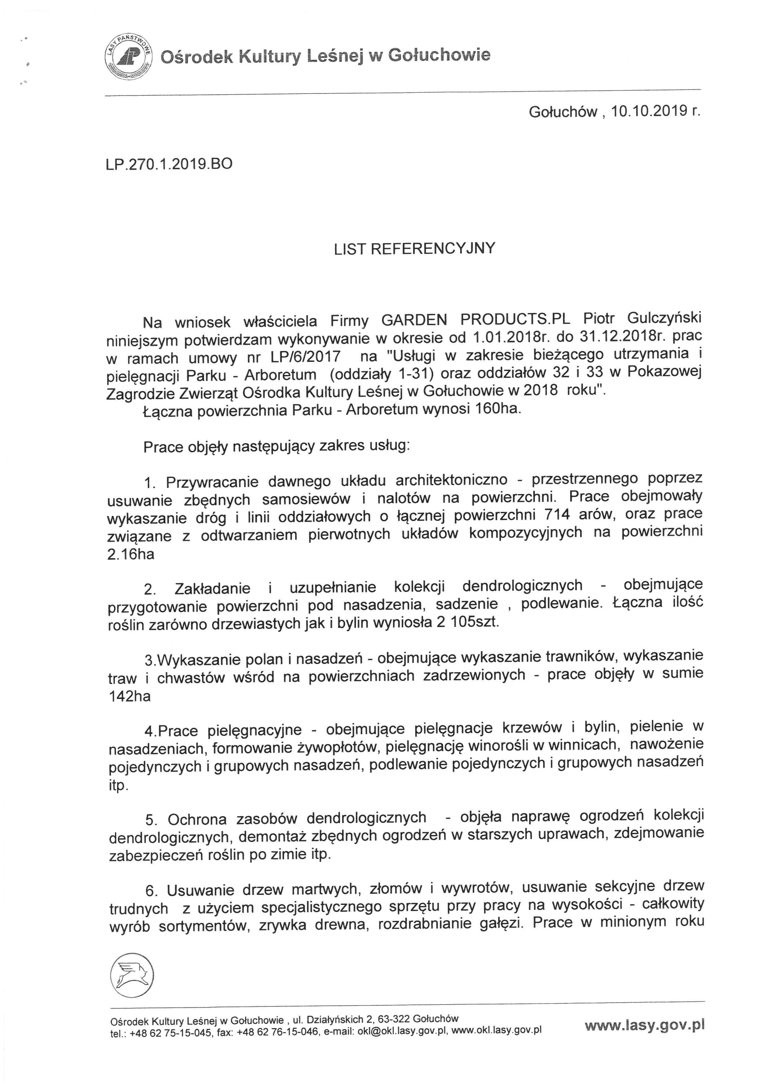 Referencje: Utrzymanie i pielęgnacja Parku-Arboretum w Gołuchowie 2018 — OKL w Gołuchowie