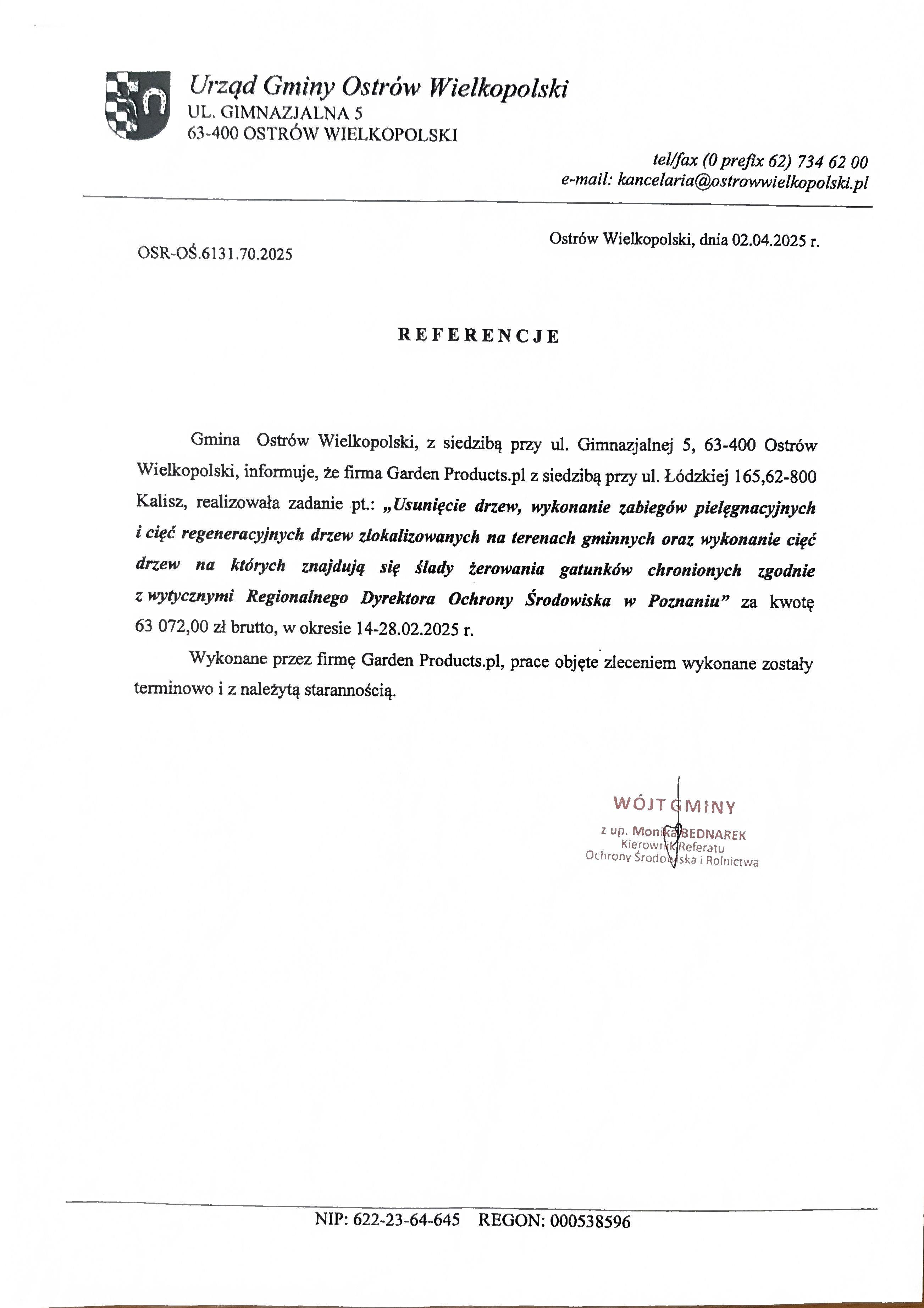 Referencje: Usunięcie drzew i cięcia pielęgnacyjne na terenach gminnych — Gmina Ostrów Wielkopolski