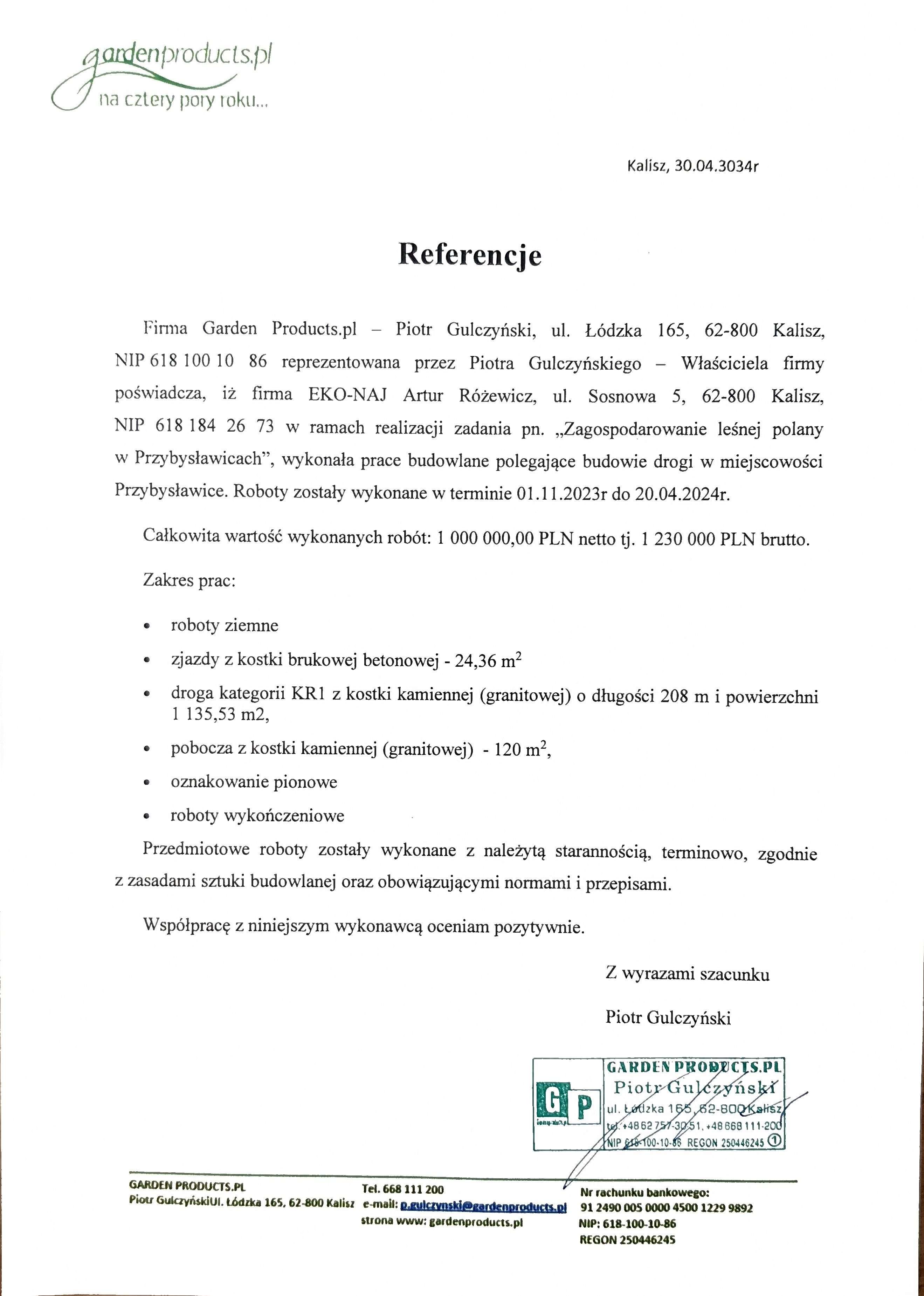 Referencje: Budowa drogi w Przybysławicach — roboty podwykonawcze — Garden Products.pl