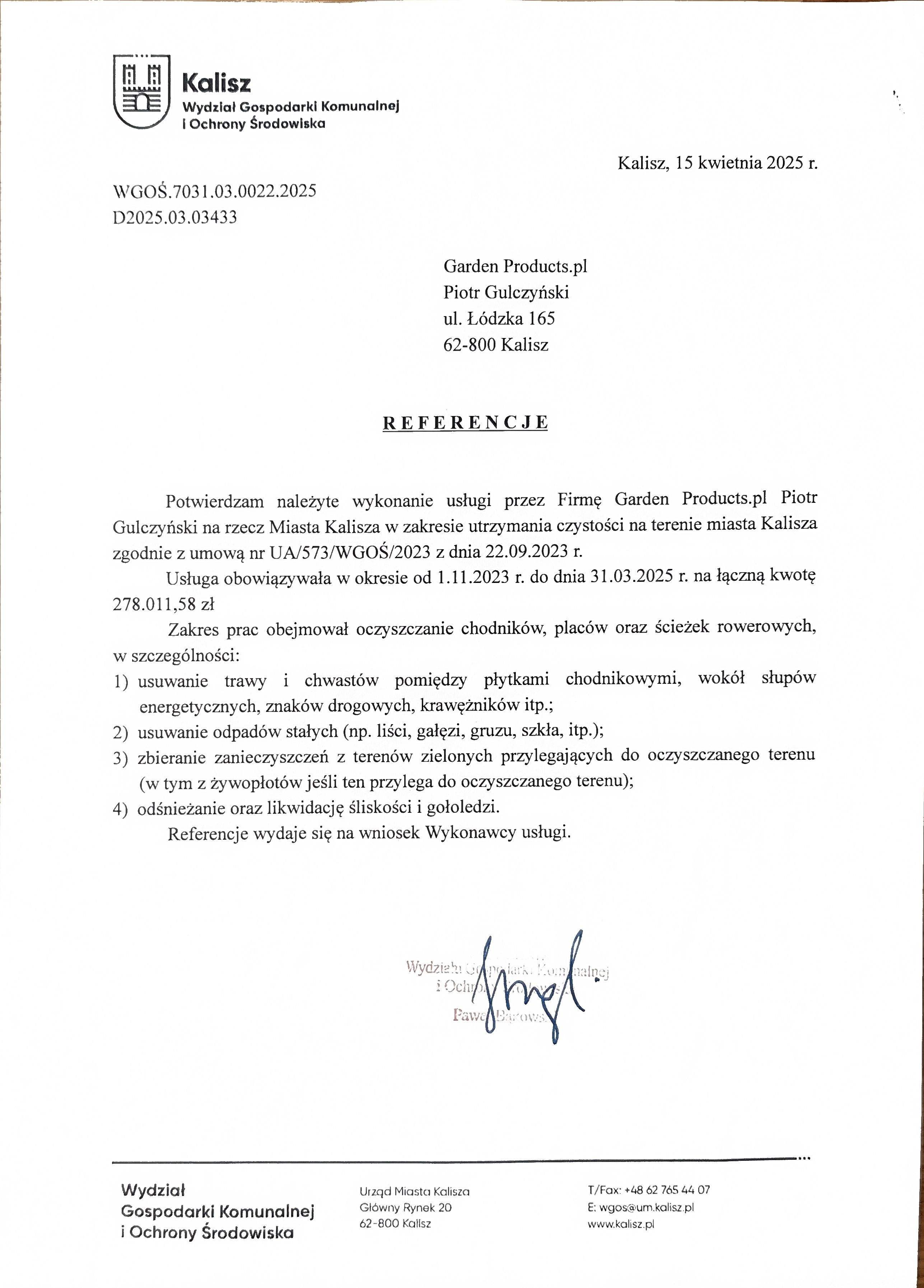 Referencje: Utrzymanie czystości miasta Kalisza (umowa UA/573/WGOŚ/2023) — UM Kalisza — WGOŚ