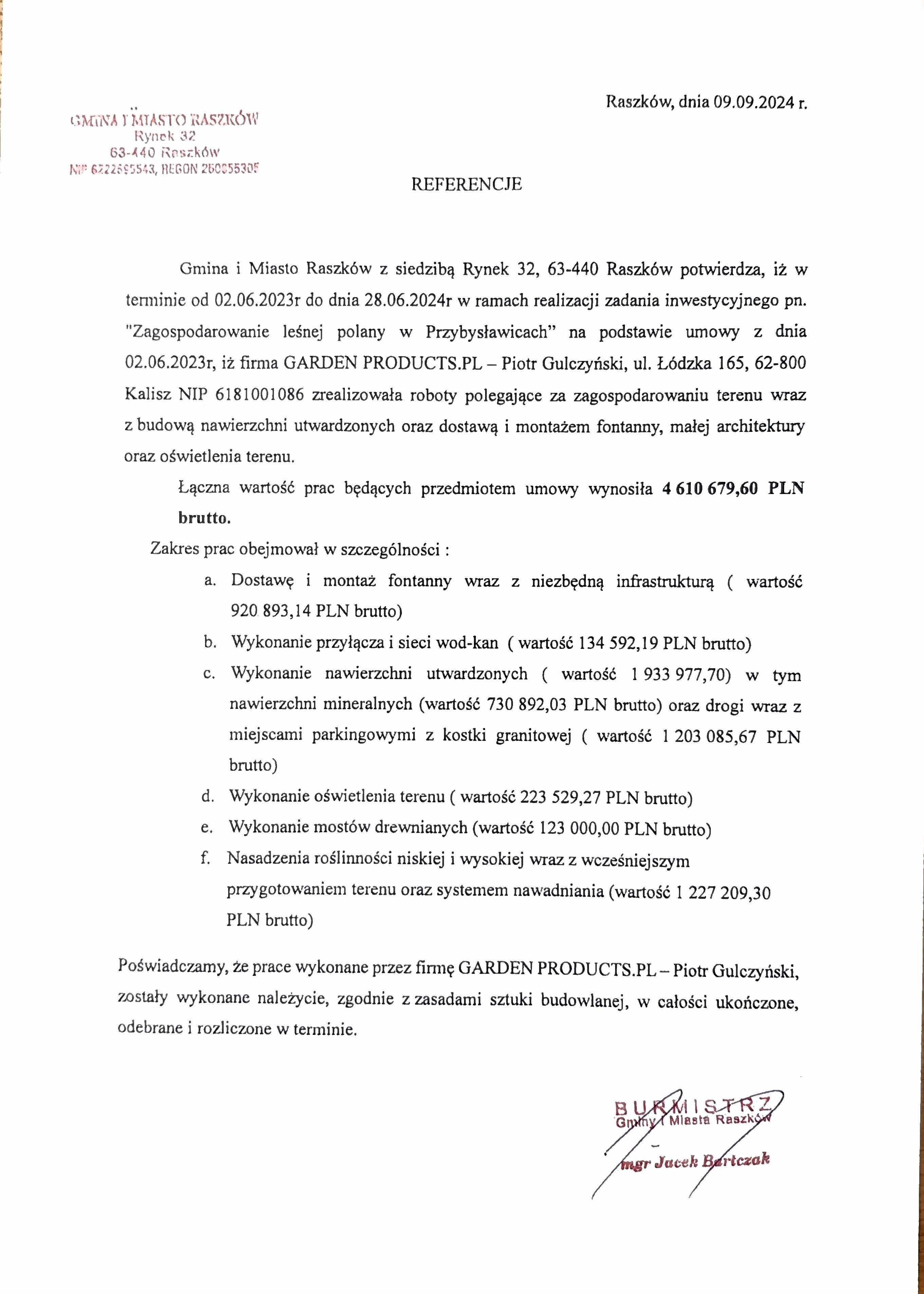 Referencje: Zagospodarowanie leśnej polany w Przybysławicach — Gmina i Miasto Raszków
