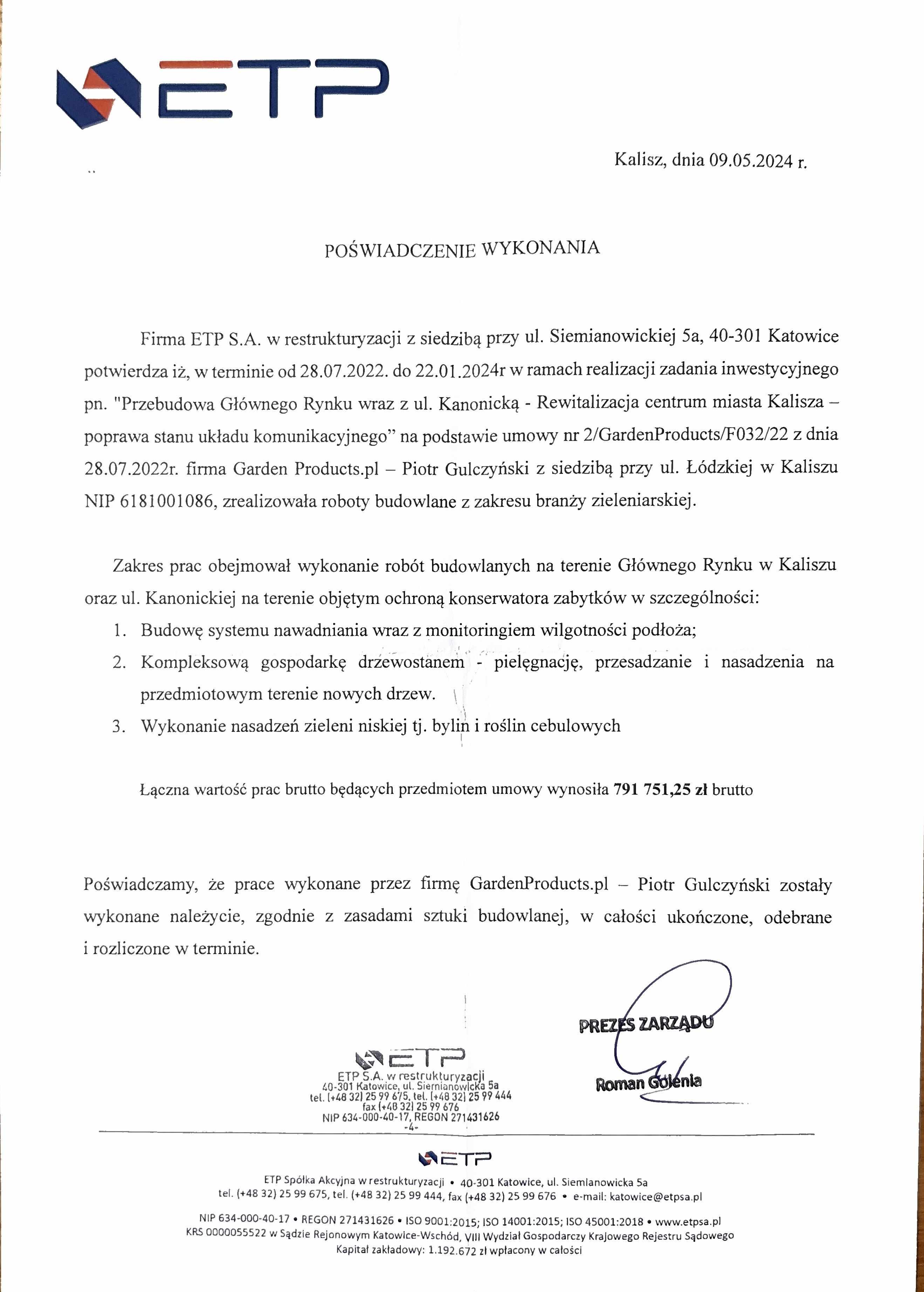 Referencje: Przebudowa Głównego Rynku w Kaliszu — branża zieleniarska — ETP S.A.