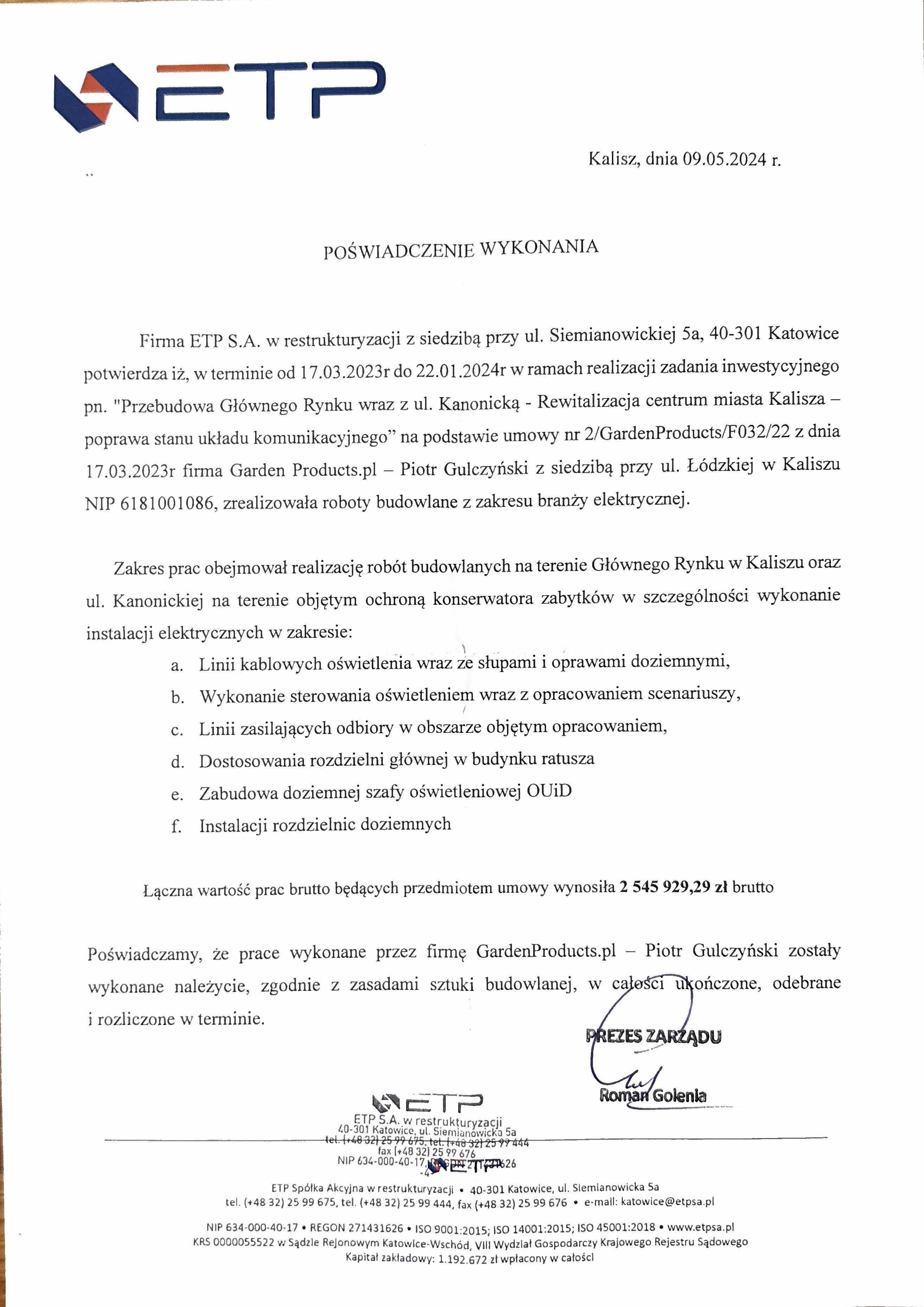 Referencje: Przebudowa Głównego Rynku w Kaliszu — branża elektryczna — ETP S.A.