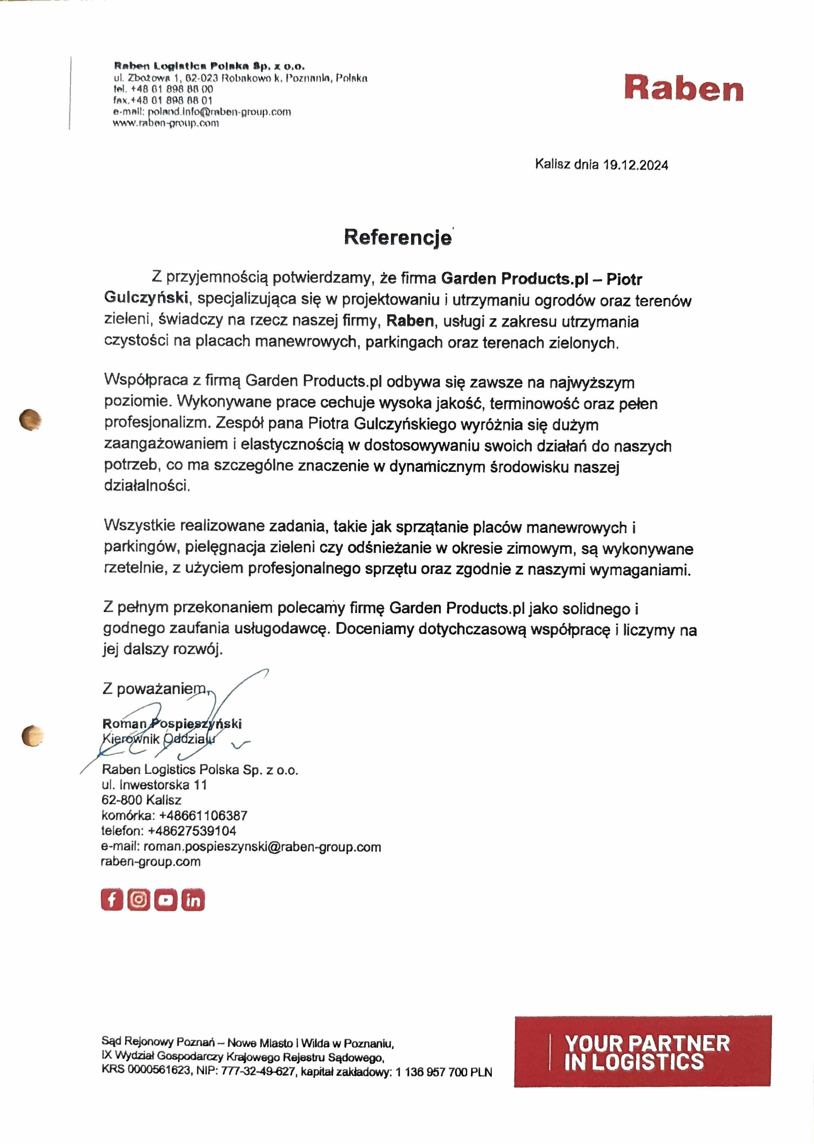Referencje: Utrzymanie czystości placów manewrowych, parkingów i zieleni — Raben Logistics Polska