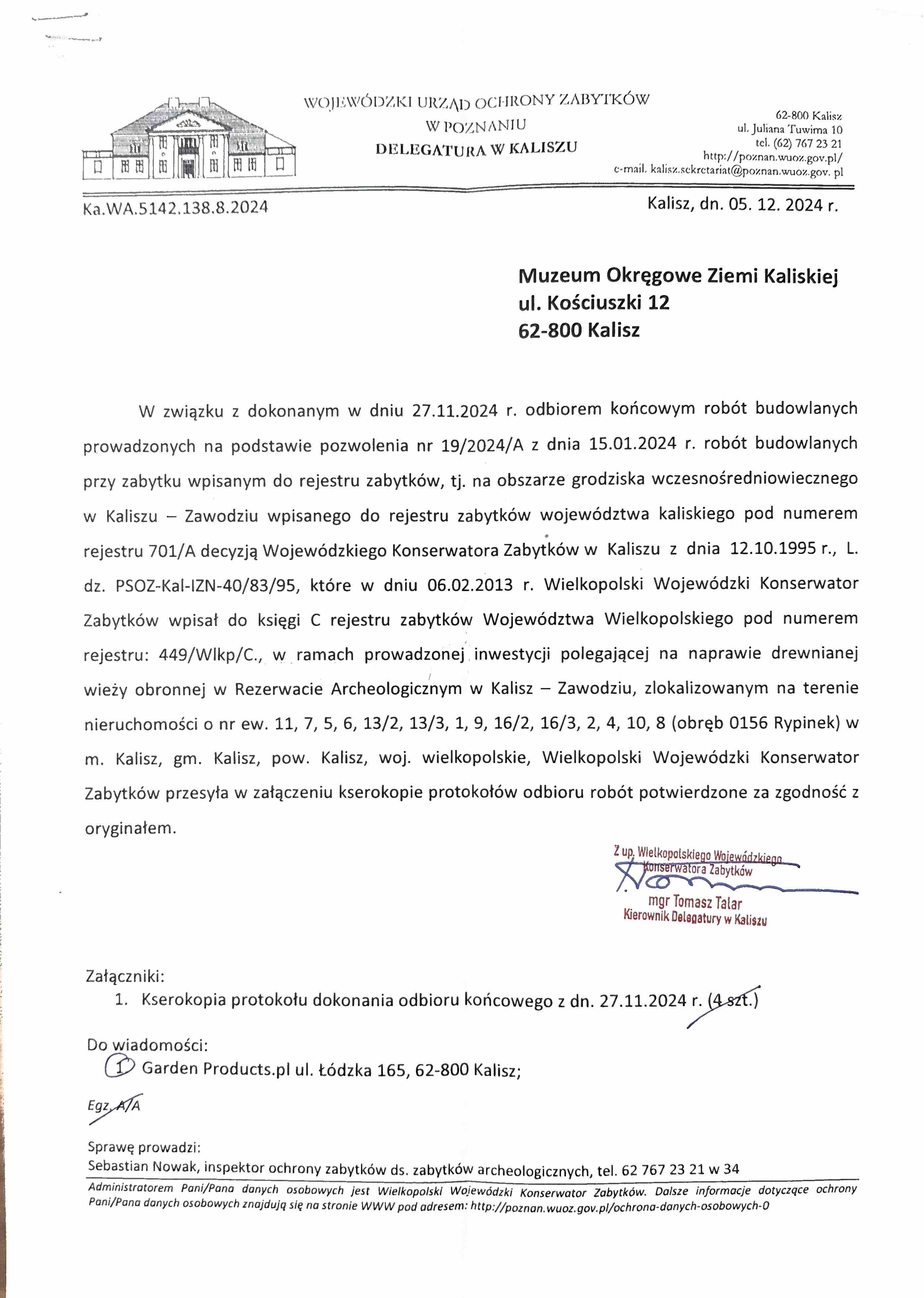 Referencje: Odbiór końcowy robót przy wieży obronnej — Kalisz-Zawodzie — WUOZ Poznań — Delegatura w Kaliszu