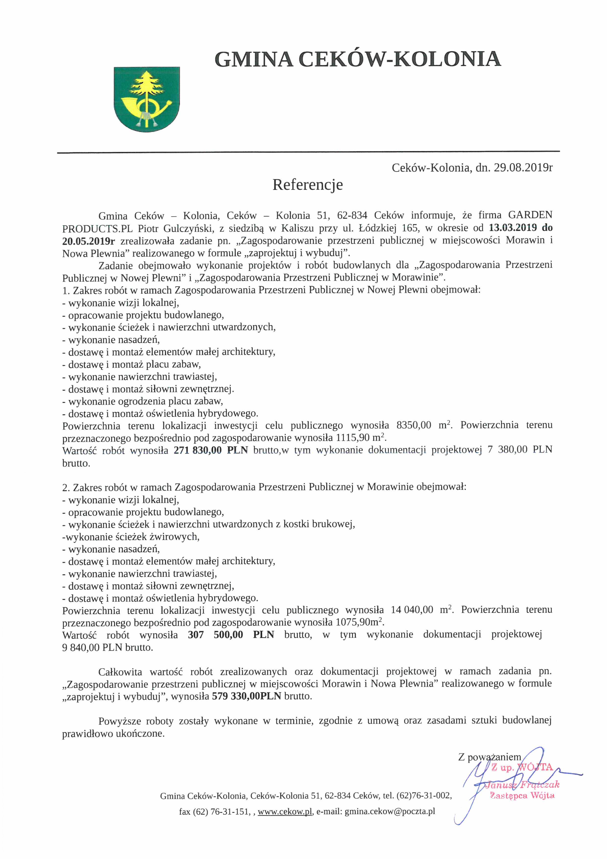 Referencje: Zagospodarowanie przestrzeni publicznej — Morawin i Nowa Plewnia — Gmina Ceków-Kolonia