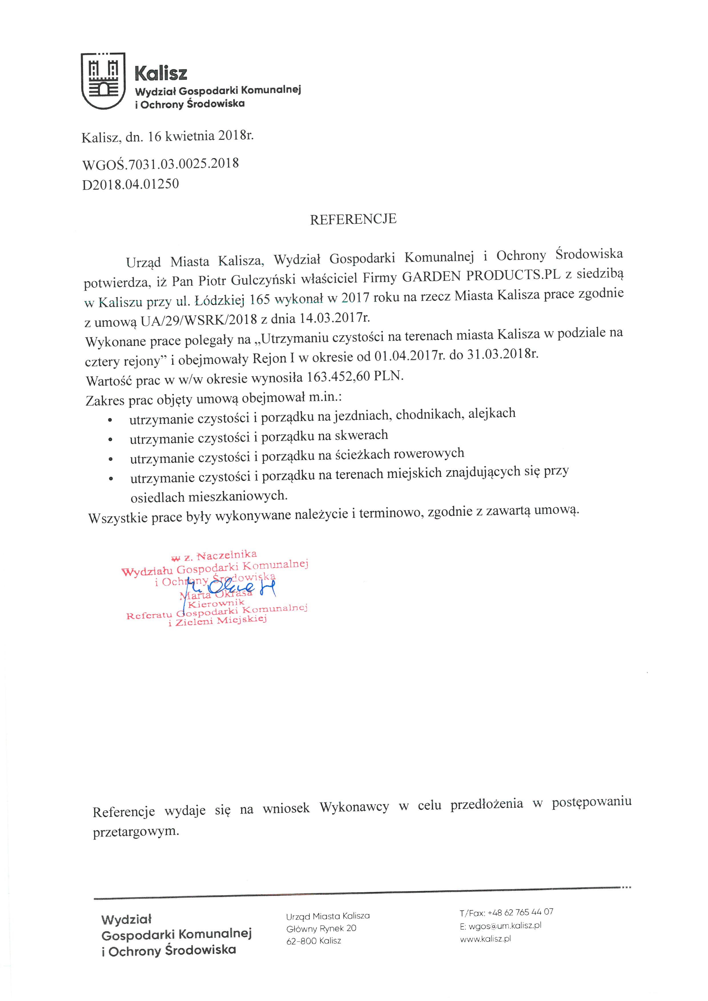 Referencje: Utrzymanie czystości miasta Kalisza — Rejon I (2017–2018) — UM Kalisza — WGOŚ