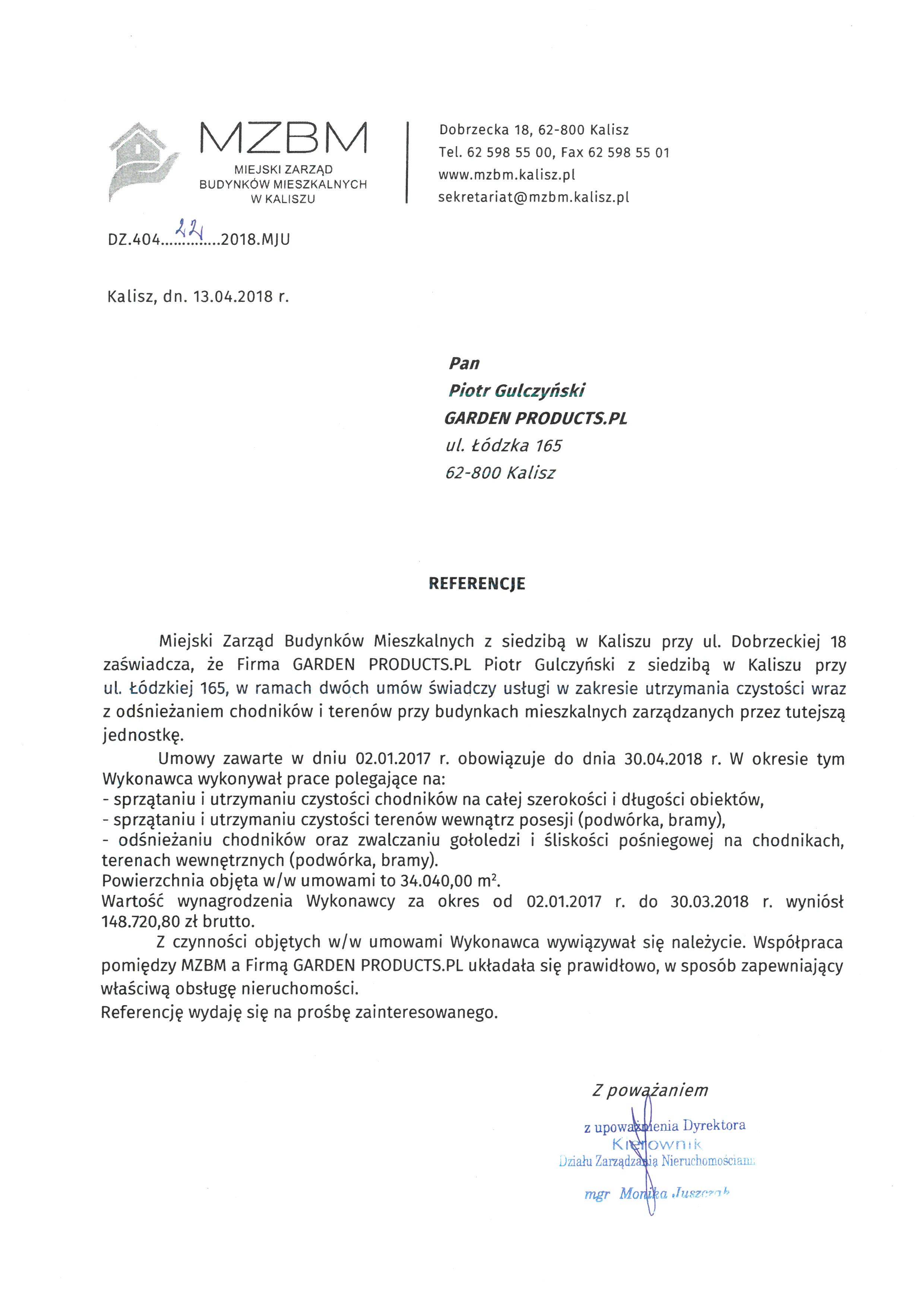 Referencje: Utrzymanie czystości i odśnieżanie — budynki MZBM — MZBM w Kaliszu