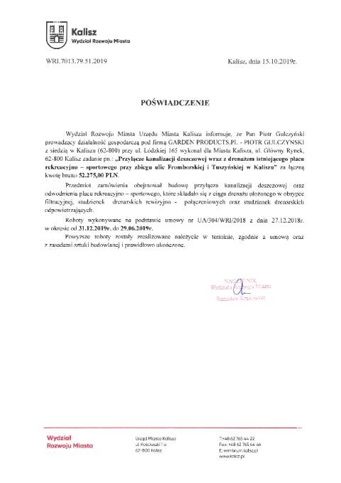 Referencje: Przyłącze kanalizacji deszczowej z drenażem placu rekreacyjno-sportowego — UM Kalisza — WRM