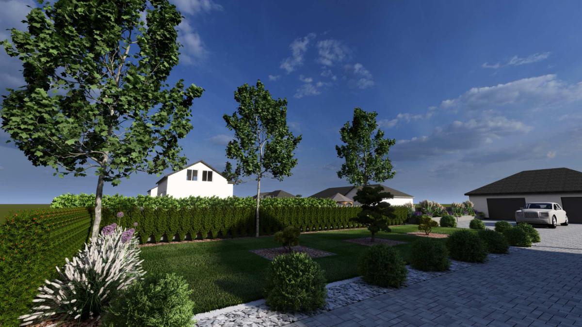 Projekt ogrodu 3D — realistyczna wizualizacja ogrodu z basenem i trawami ozdobnymi