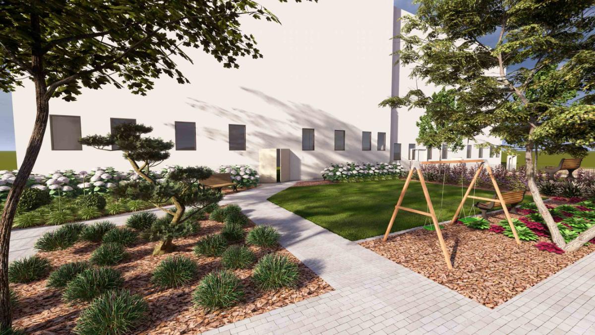 Wizualizacja 3D podwórza z trawnikiem i sosną formowaną — projekt zagospodarowania terenu