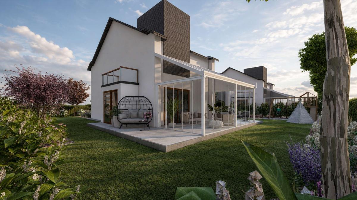 Projekt ogrodu 3D przy domu jednorodzinnym — taras z ogrodem zimowym