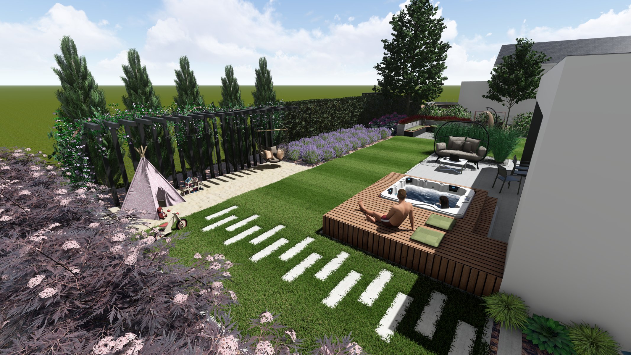 Wizualizacja 3D projektu ogrodu z jacuzzi i strefą zabaw — pracownia projektowa